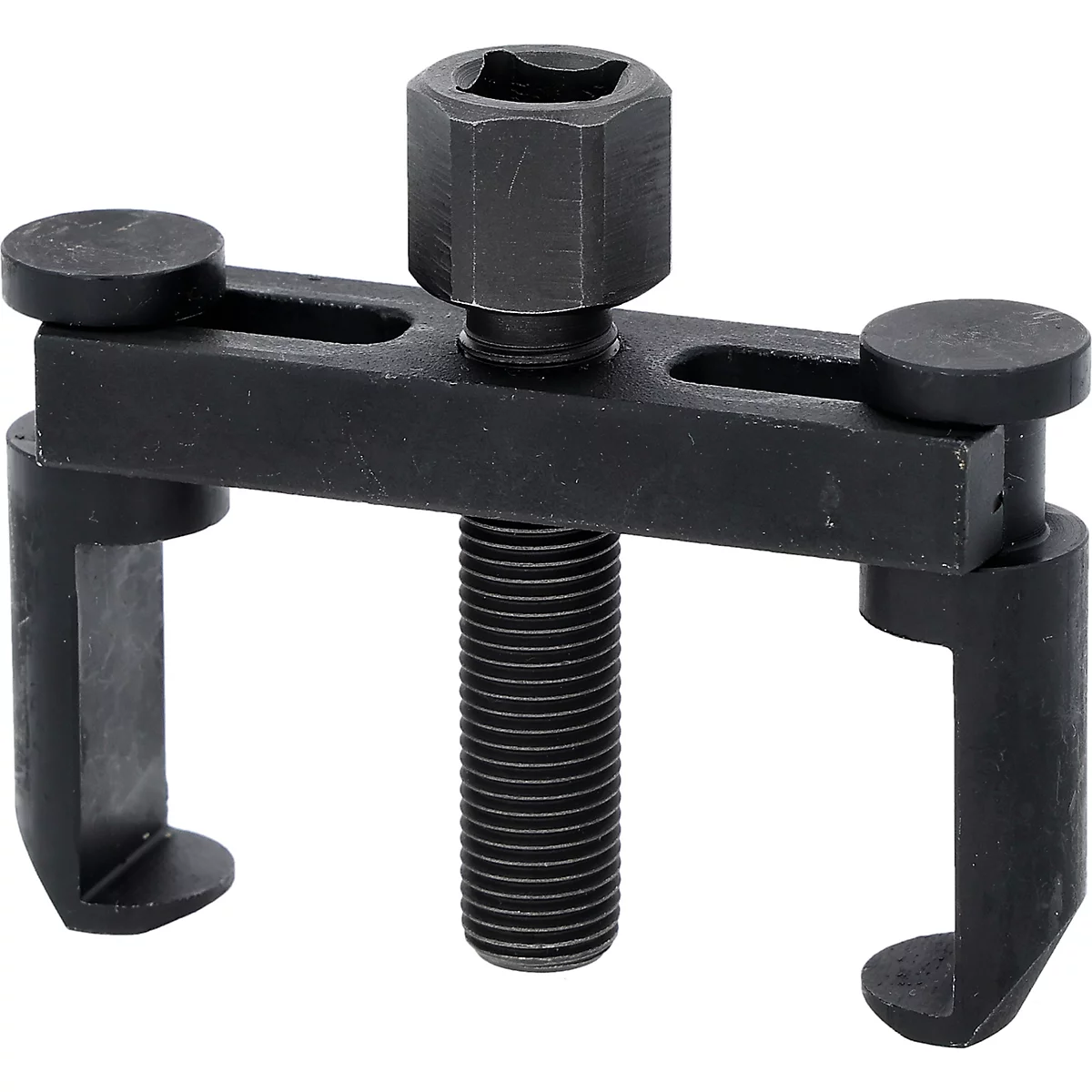 Schwarzes Werkzeug, ein Abzieher, mit zwei Haken und einem Gewindestab zur Anwendung in der Mechanik.